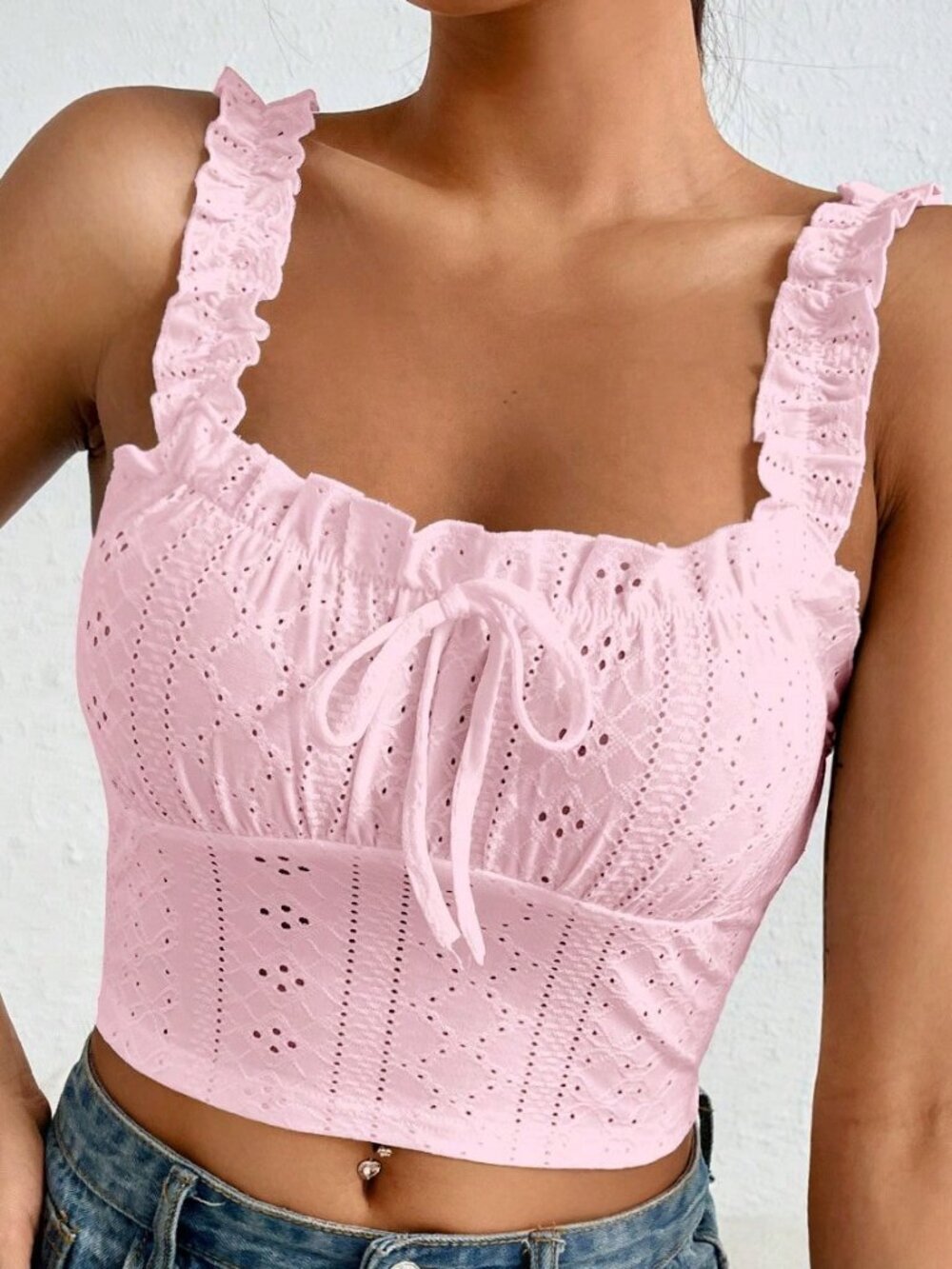 Pink Casual Women's Eyelet Embroidery Frill Trim Tie Detail Wide Strap Cami Top - Picture 3 of 4